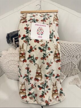 Spring Decorative Bunny & Strawberry Throw - Cream with Red & Green Print
